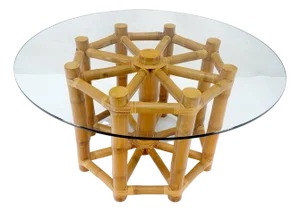 Large 54" Diameter Glass Top Thick Bamboo Base Dining Table Decorative