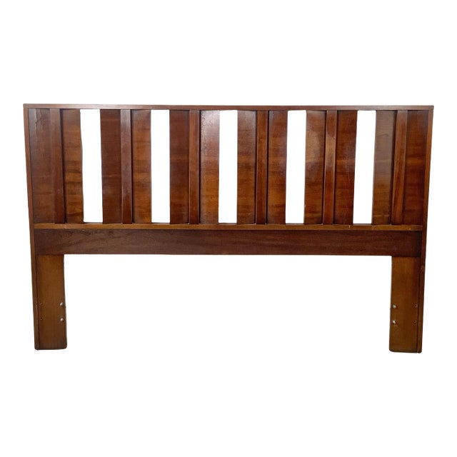 Vintage Mid-Century Modern Walnut Queen Headboard With Architectural Slat Design For Sale