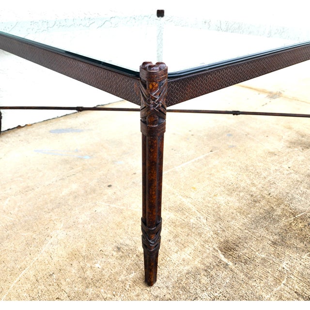 Maitland Smith Style Faux Metal Bamboo Glass & Leather Cocktail Table For Sale - Image 9 of 13