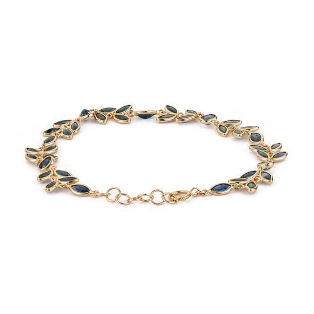 14k Yellow Gold 7.01ct Marquise Blue Sapphire Vine Leaf Link Bracelet For Sale - Image 9 of 17