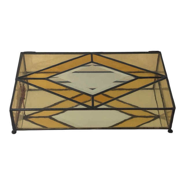 Vintage Art Deco Leaded Glass Footed Box With Mirrored Interior For Sale