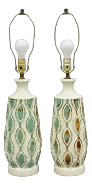 Vintage Mid Century Modern Turquoise Blue White Ceramic Pottery Table Lamp Pair