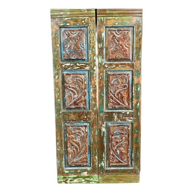 Spanish Carved Double Doors in Colorful Hues | Rustic Modern Statement Door 80x38.5 For Sale