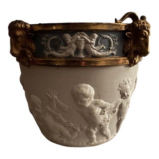 Sevres Style Raised Relief Urn Planter Raised Relief Putti Rams For Sale
