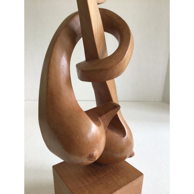 1960s Carved Wood Sculpture of Woman Figure Mounted on Wood Pedestal For Sale In New York - Image 6 of 7