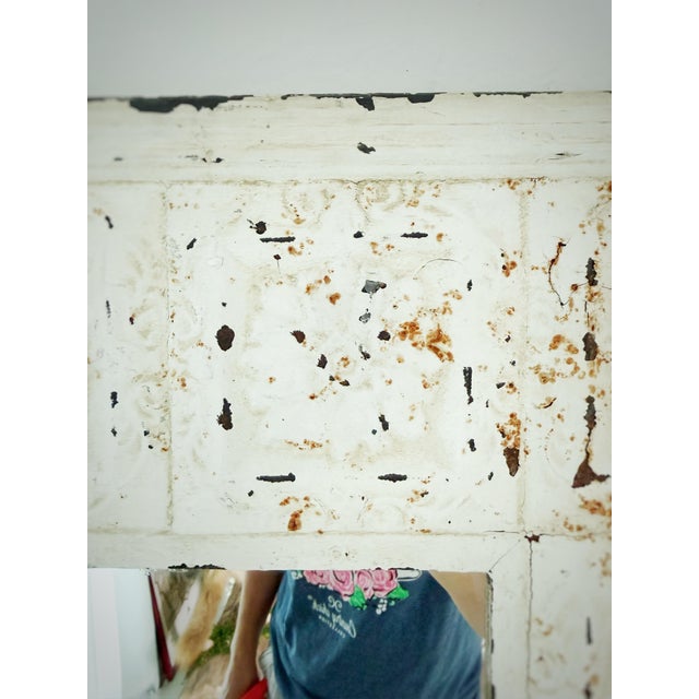 Distressed White Embossed Metal & Wood Wall Mirror | Rustic Farmhouse | French Country | 20.5" Square For Sale - Image 4 of 7