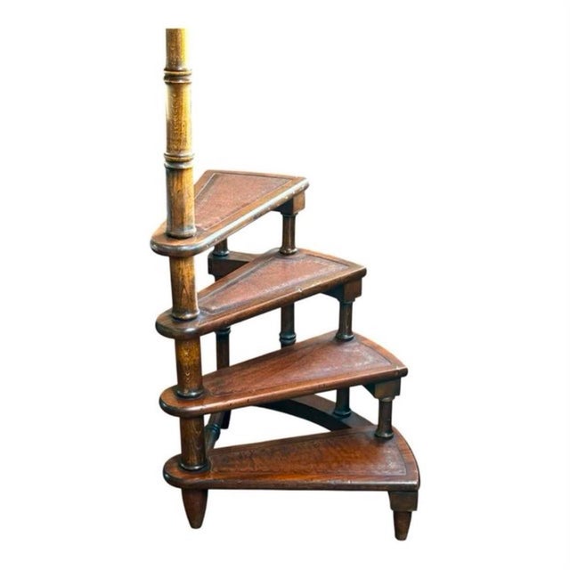 Library Staircase in Leather and Wood, 1900 For Sale - Image 5 of 7