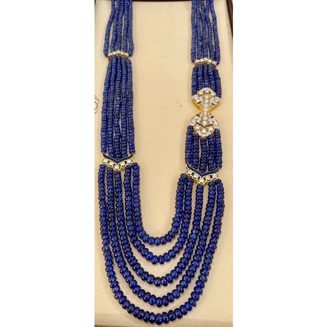 2010s 1000 Ct Natural Tanzanite Bead Five Strand Necklace + 4.5 Ct Diamond 14 K Y Gold For Sale - Image 5 of 18