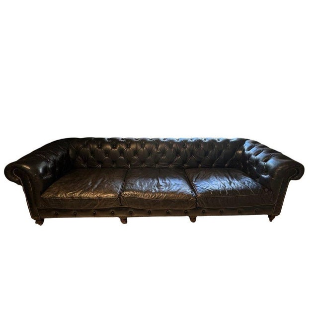 Restoration Hardware Kensington Sofa/Chesterfield Style upholstered in rich Ebony leather, featuring an extra-deep 44”...