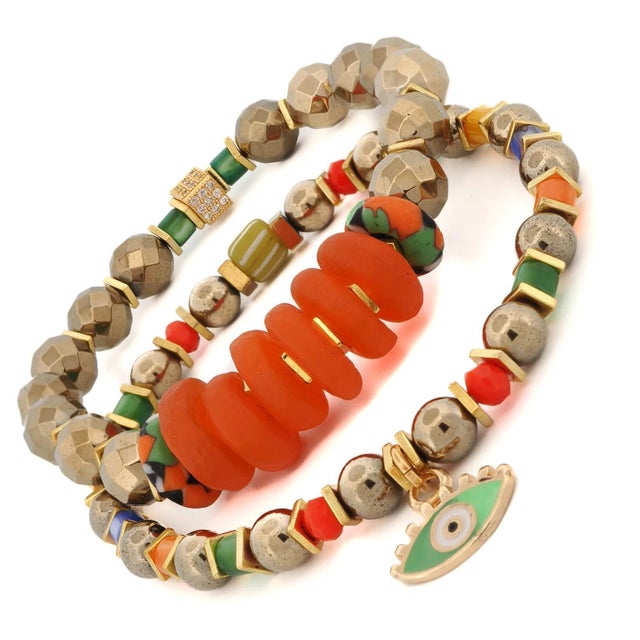 Early 21st Century Evil Eye Charm Joyful Colorful & Gold Beaded Bracelet For Sale - Image 5 of 6