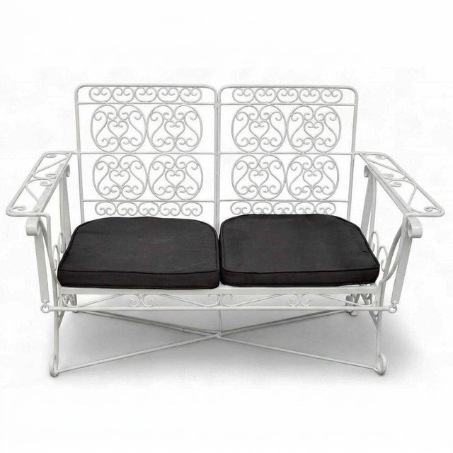 Mid-Century Modern White Scrolling Wrought Iron Glider Rocking Settee & Chair Patio Outdoor Set For Sale - Image 3 of 5