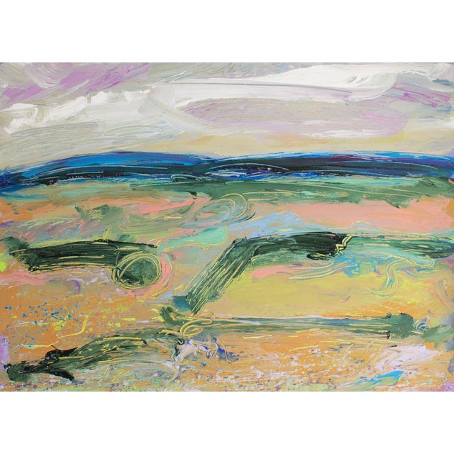 An acrylic on paper painting by the American artist Harry Hislon (1935-2004). This abstract work depicts a landscape in...