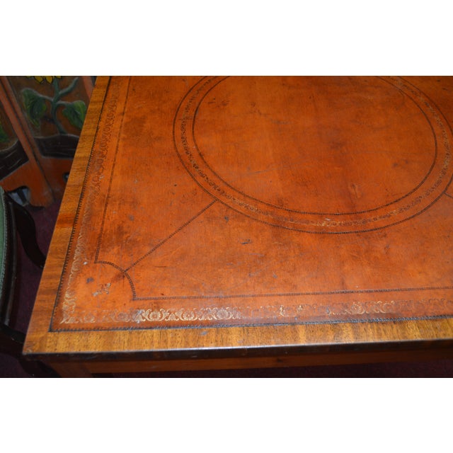 Vintage English Tan / Gold Leather Topped Square Wooden Game or Card Table For Sale - Image 6 of 18