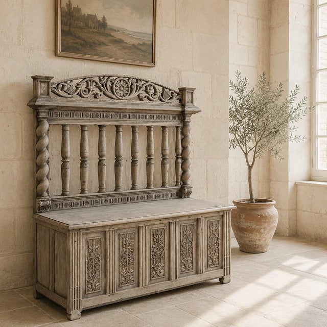 19th Century French Renaissance Barley Twist Stripped Oak Hall Bench Trunk is a wonderfully unique 19th century piece,...