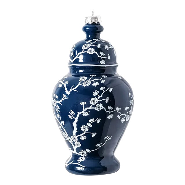 Navy Cherry Blossom Ginger Jar Ornament For Sale