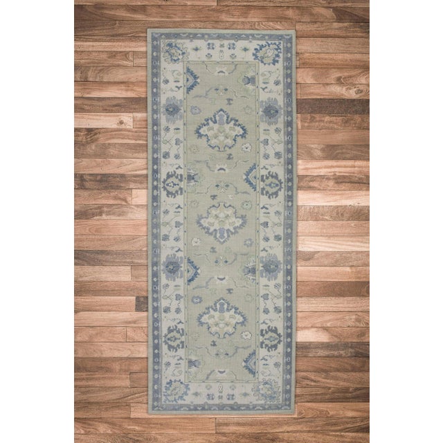 Early 21st Century Green & Blue Floral Design Handwoven Wool Turkish Oushak Runner 5' X 12'10" For Sale In Houston - Image 6 of 7