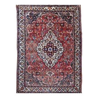 Vintage Persian Bakhtiari Rug, Handwoven Wool, Medallion Floral Pattern, Brick Red & Ivory, 7x11 For Sale