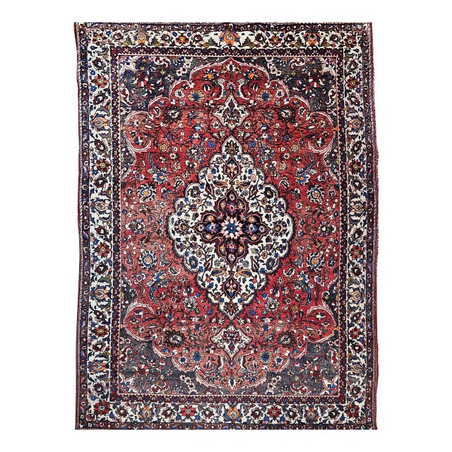 Vintage Persian Bakhtiari Rug, Handwoven Wool, Medallion Floral Pattern, Brick Red & Ivory, 7x11 For Sale