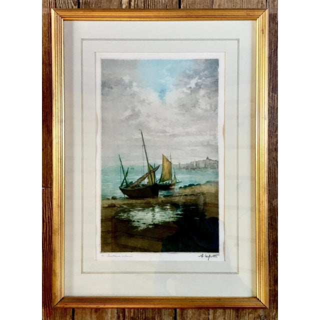 Blue 20th Century Manuel Robbe Aka: Alphonse Lafitte Aquatint, "Bateaux Échoués" For Sale - Image 8 of 9