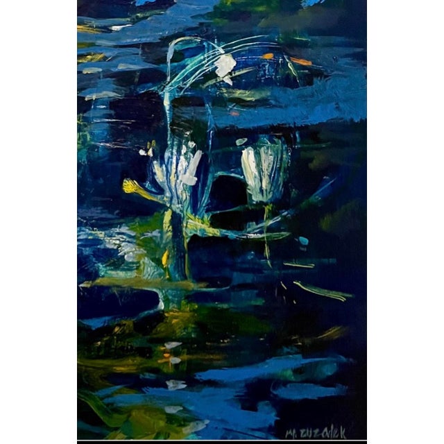 "Where the Water Dreams" A mysterious, dreamlike botanical landscape where water, shadow, and light become one. Deep blues...