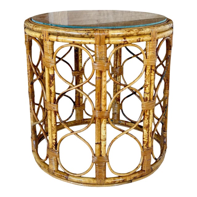 Mid-20th Century Coastal Refinished Tortoise Rattan Cane Drum Side Table For Sale