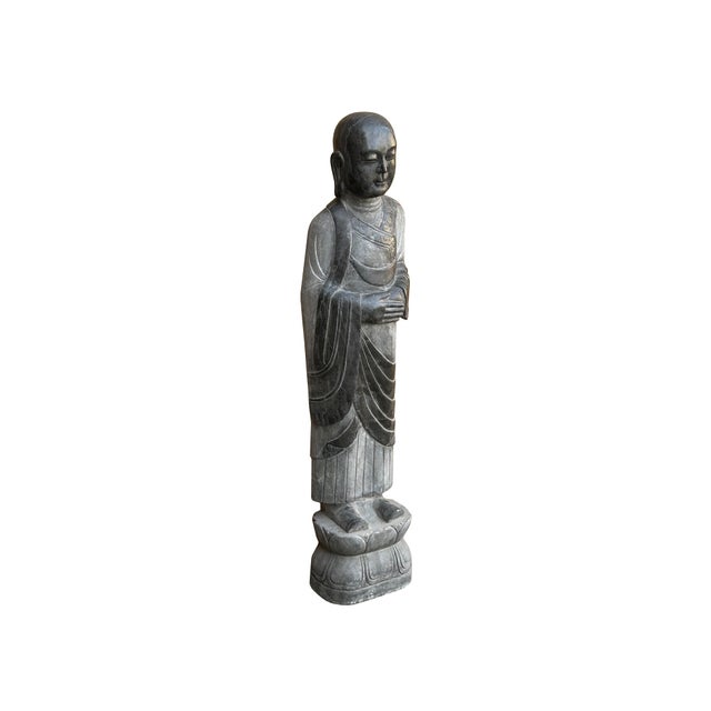 Chinese Weathered Black Gray Patina Stone Standing Monk Luohan Arhat Statue For Sale In San Francisco - Image 6 of 12