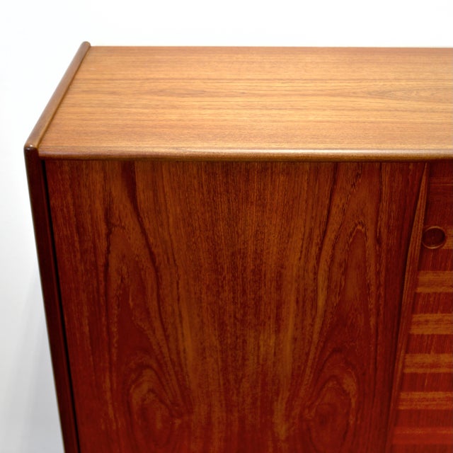 Brown 1950s Danish Teak Tall Sideboard / Highboard With Inlaid Veneer Design For Sale - Image 8 of 17