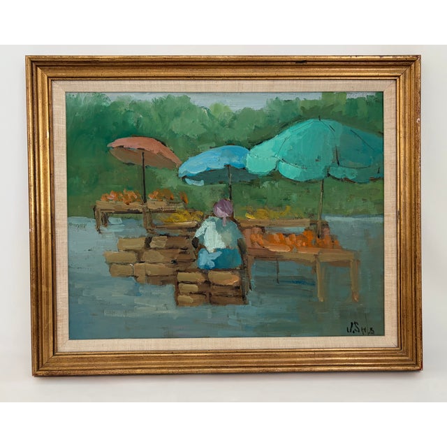 Outdoor Market Scene Original Oil Painting in Giltwood Frame For Sale In Dallas - Image 6 of 6