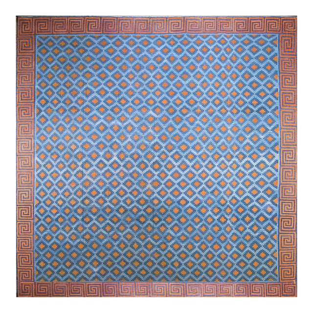 Astonishing Wave Fret Border With Red Diamond Design Square Indian Cotton Dhurrie Rug For Sale