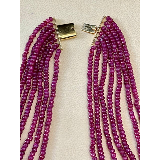 480 Ct 7 Layer Natural Smooth Ruby Bead Necklace 14k Gold Sapphire Diamond Clasp For Sale - Image 4 of 18