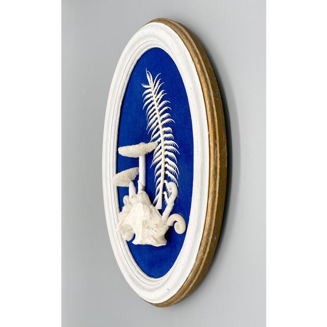 Vintage Framed Shell Art White Mushroom Motif With Blue Background Signed by Artist Chairish