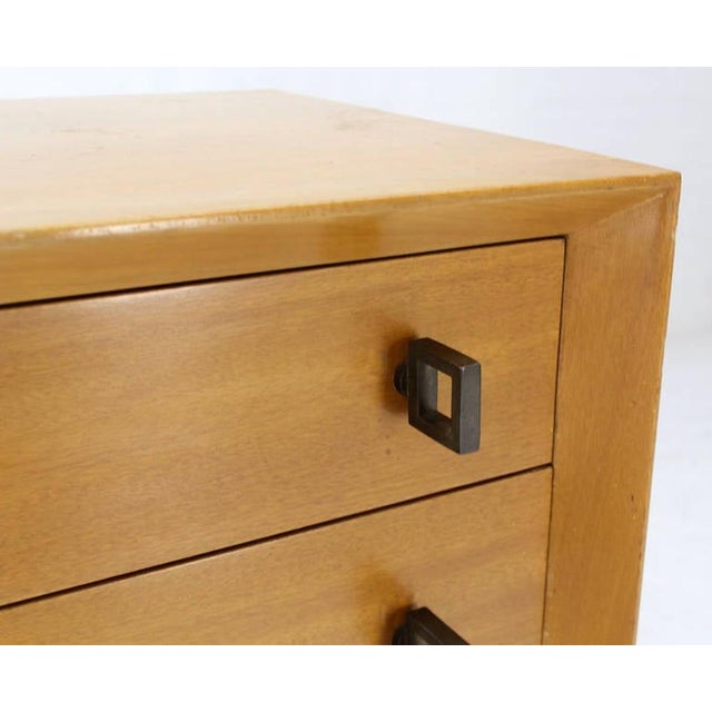 Pair of Mid-Century Modern Blonde Bachelor Chests with Heavy Brass Hardware For Sale - Image 6 of 10