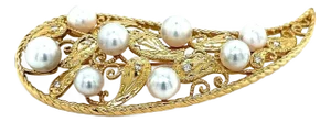 Mikimoto Akoya Pearls & Diamonds 18k Yellow Gold Long Brooch