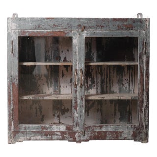Mid 20th Century Rustic Indian Glass-Front Cabinet With Distressed Paint For Sale