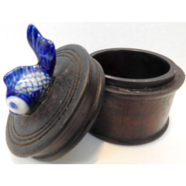 Chinese Round Wooden Box With Porcelain Koi Fish on Lid For Sale - Image 3 of 8