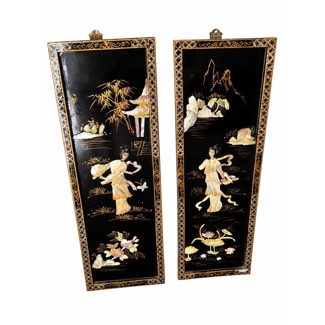 Late 20th Century Chinoiserie Black Lacquer & Mother-of-Pearl Relief Wall Panels — Set of 3 For Sale - Image 10 of 17