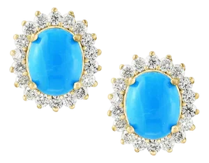 8 Ct Oval Sleeping Beauty Turquoise 1.5ct Diamond Stud Earrings 14 K Yellow Gold