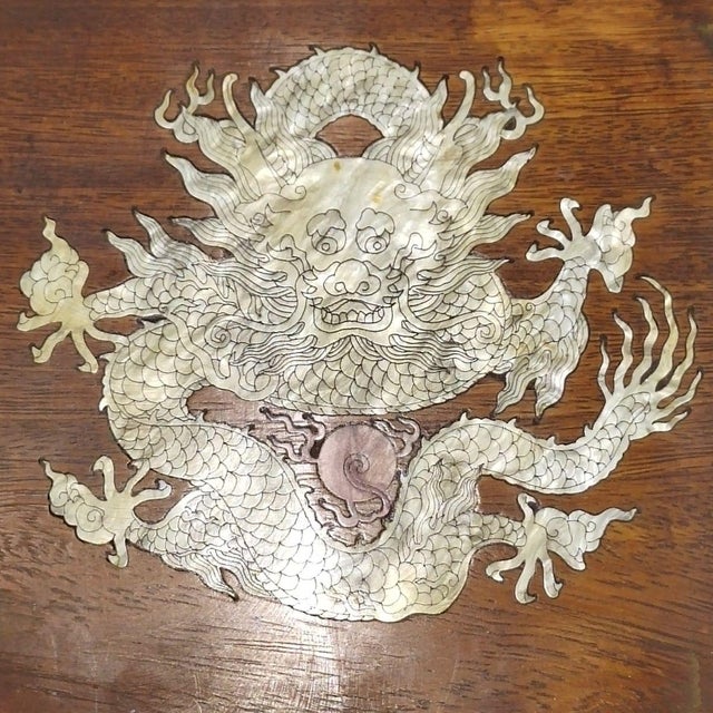 Brown Rosewood Mother‑of‑Pearl Inlaid Dragon Box, 2 Drawer Tabletop Caddy / Tea Tray For Sale - Image 8 of 9