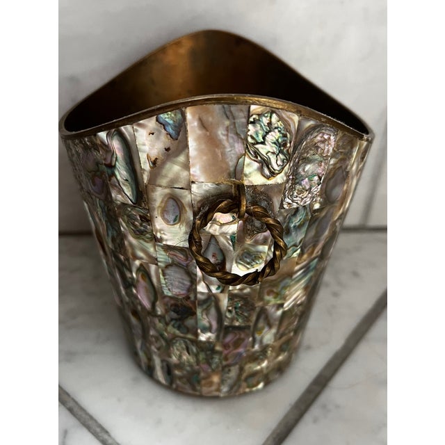 Mid-Century Modern Vintage Taxco Mexican Abalone & Brass Ice Bucket W Tongs For Sale - Image 3 of 13