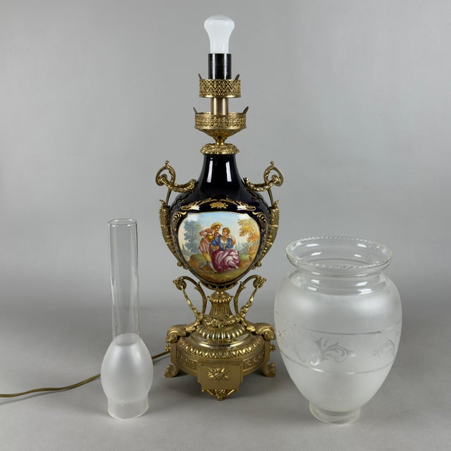 Antique French Table Lamp in Porcelain, Brass and Satin Glass For Sale - Image 11 of 15