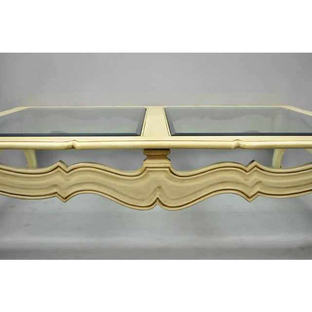 Hollywood Regency Vintage French Provincial Style Beveled Glass Cream Painted Large Coffee Table For Sale - Image 3 of 12