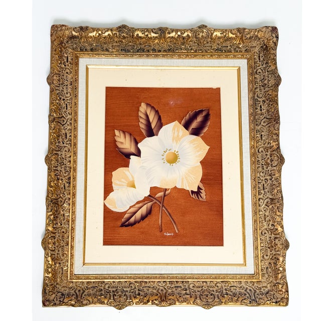 This elegant pair of vintage floral prints features magnolia blossoms rendered in warm ivory, cream, and soft brown tones...