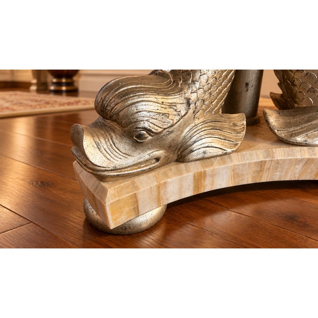 Cream Vintage Hollywood Regency Round Tessellated Stone Dining Table With Sculptural Dolphin Pedestal For Sale - Image 8 of 11