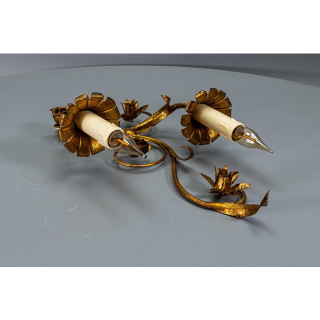 Hollywood Regency Gilt Metal Botanical Two-Light Wall Sconce, 1950s For Sale - Image 16 of 18