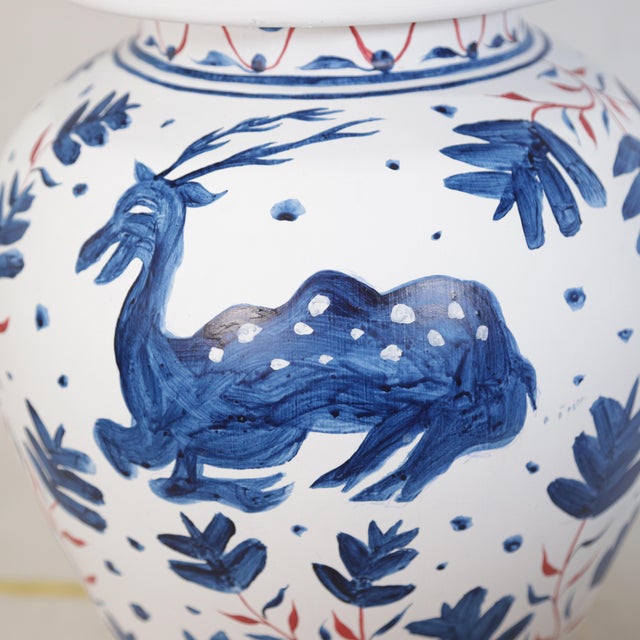 Pair of Vintage Brunschwig & Fils Cadiz Table Lamps - Blue and Cream Ceramic With Boar and Deer Motif For Sale - Image 14 of 17