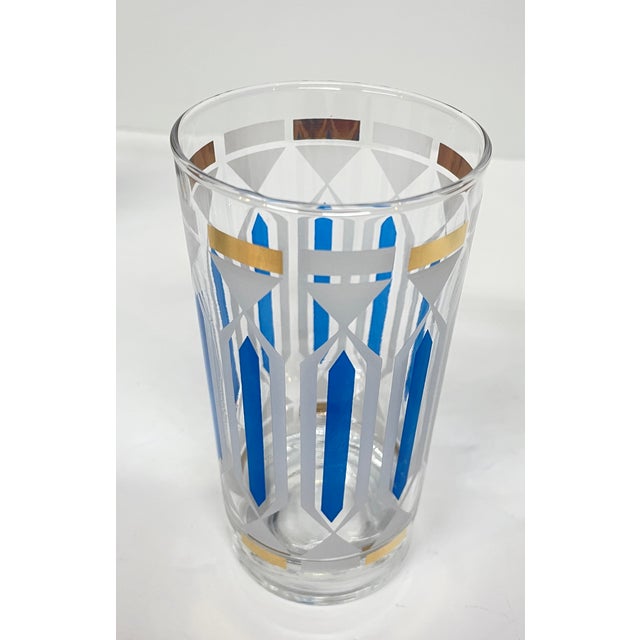 Vintage Mid Century Modern Highball Cocktail Glasses Blue Gold Frosted White - Set of 7 For Sale - Image 4 of 6