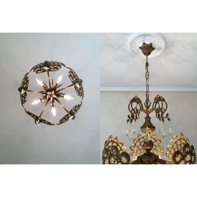 Large 1960s Brass & Crystal Peacock Bird Chandelier For Sale - Image 12 of 13