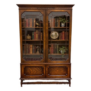 Antique English Jacobean Bookcase Cabinet Double Door Wavy Glass Tiger Oak 1930s For Sale