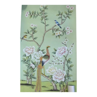 Hand-Painted Chinoiserie Peacock & Floral Wall Mural Panel, Luxury Oriental Wallpaper Art, Unframed, For Sale