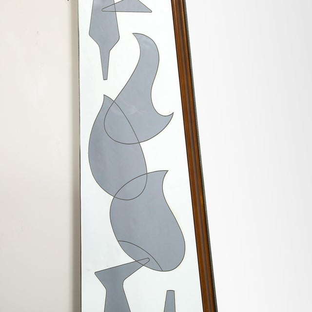 Wood Mid-Century Reversed Etched & Smoked Wall Mirror With Sculptural Walnut Lining For Sale - Image 7 of 12